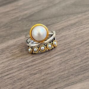 Pearl Ring Two Tone Multi Band Faux Pearl Minimalist Statemen